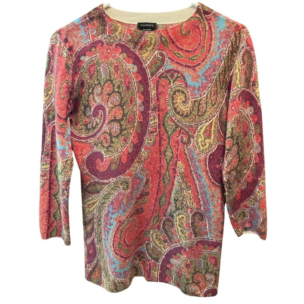 Talbots 100% Cashmere Sweater Paisley Preppy Old Money Crew Neck Sz M - Picture 3 of 4